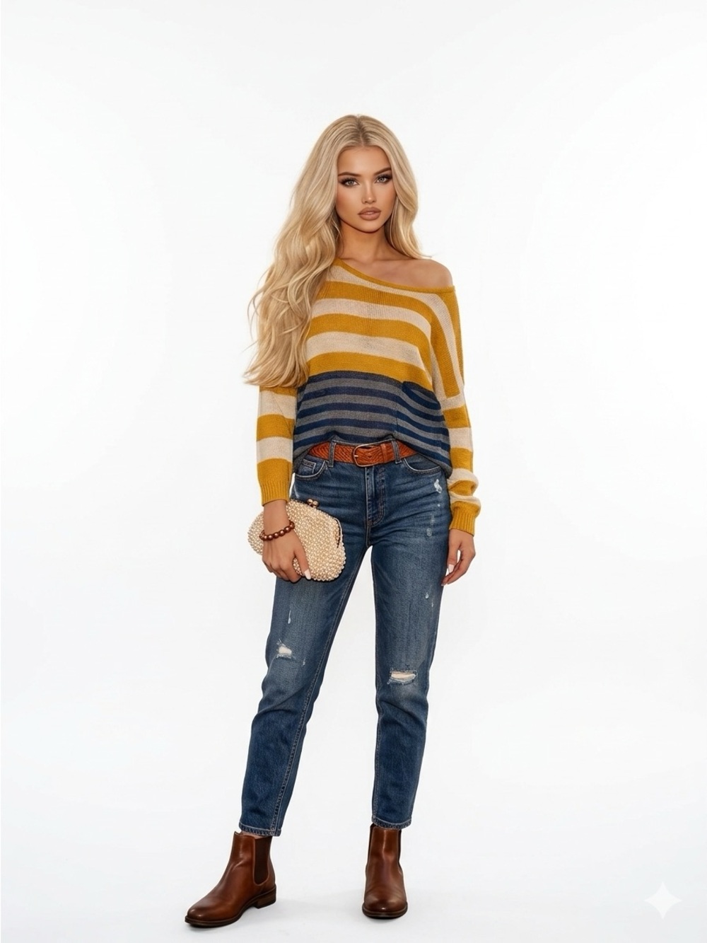 Ya Los Angeles Mustard & Navy Striped Off-Shoulder Sweater